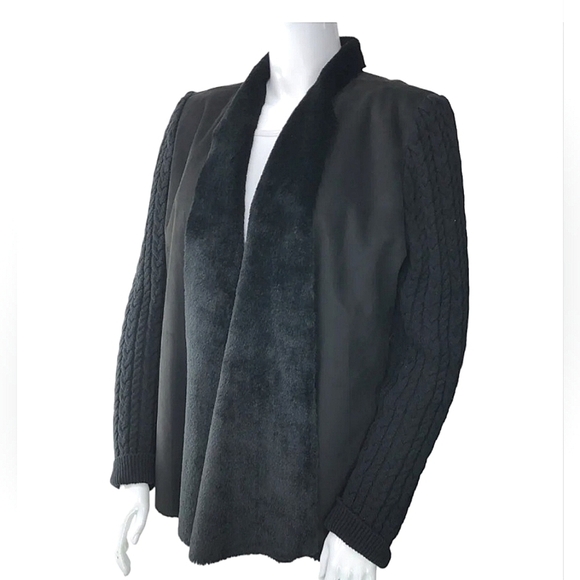 MULTIPLES Shawl Collar Cardigan, Faux Suede and Fur Black Sweater Size M - Picture 1 of 9